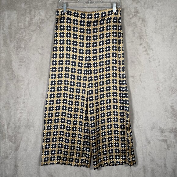 Zara Satin Wide Leg Pant L Geo Tile Print Silky Flowy Ankle Crop Dressy Trouser - Picture 4 of 16